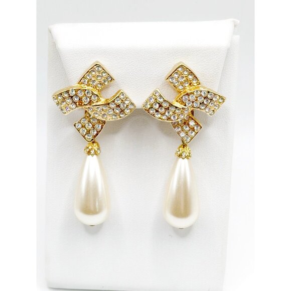 Kenneth J Lane Vintage Rhinestone And Dangling Faux Pearl‎ Earrings - Picture 1 of 4